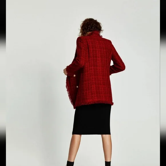Zara Blogger Favorite Burgundy Red Frayed Tweed Boucle Jacket Size S - Picture 4 of 15